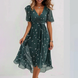 Georgia | Women's Floral Wrap Midi Summer Dress, V-Neck, Short Sleeve, Ruffle