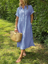 Meg | Women's Striped Button-Up Midi Dress, Pockets