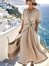 Aster | Women's V-Neck Wrap Midi Dress, Short Sleeve