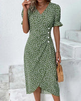 Cassiopeia | Women's Floral V-Neck Wrap Midi Dress, Short Sleeve