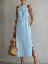 Soraya | Women's Light Blue Sleeveless Lace Panel Midi Dress