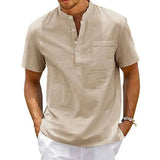 Vasco | Men's Short Sleeve Henley Band Collar Shirt, Pockets