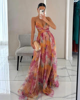 Vesperine | Women's Floral V-Neck Spaghetti Strap Maxi Dress